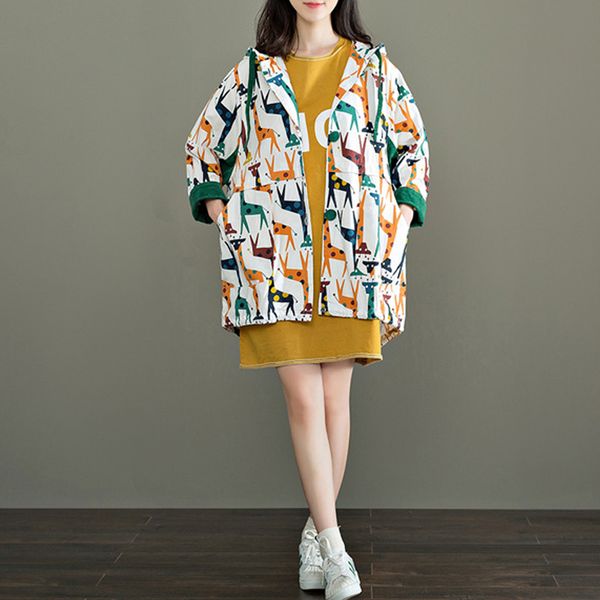 

women sweet trench coat autumn 2019 new cotton linen print animal giraffe soft comfortably hooded single breasted coat, Tan;black