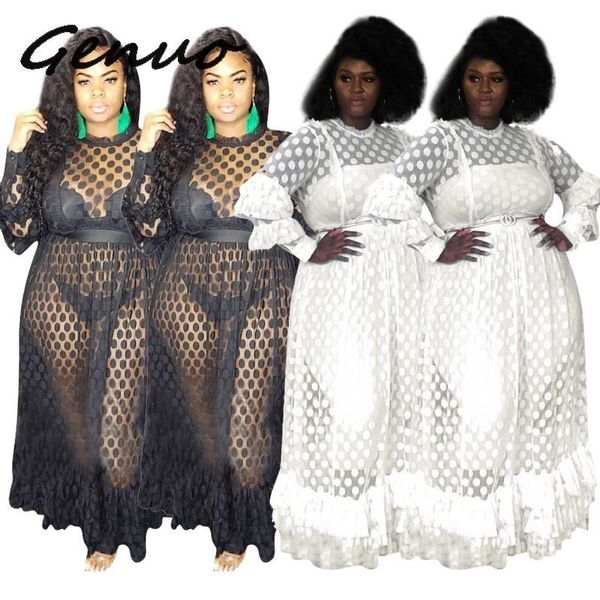 

genuo new 2019 plus размер горячие неопрятная sexy young lace see through solid круглый шеи полный рукава женщин упругие braid макси платье, Black;pink