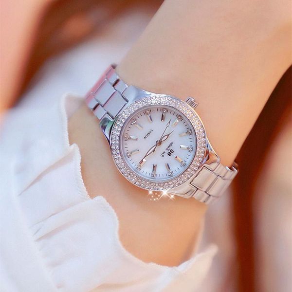 

new lady crystal watch women dress watch fashion gold quartz watches female waterproof stainless steel wristwatches, Slivery;brown