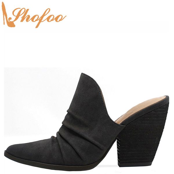 

charcoal heeled short booties ankle boots woman high chunky heels large size 12 16 ladies autumn fashion mature shoes shofoo, Black