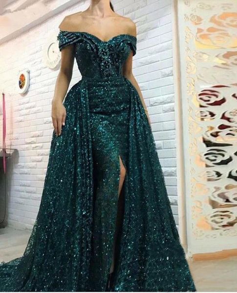 

2019 Sparkling Sequined Mermaid Dresses Evening Wear with Long Overskirts Side Split Off Shoulder Prom Dresses Side Split Pageant Party Gown