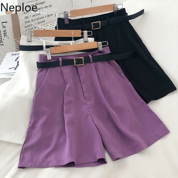 

neploe women causal suit wide leg shorts 2020 summer korean solid bottoms belt high waist fashion short feminimos 4b111, White;black