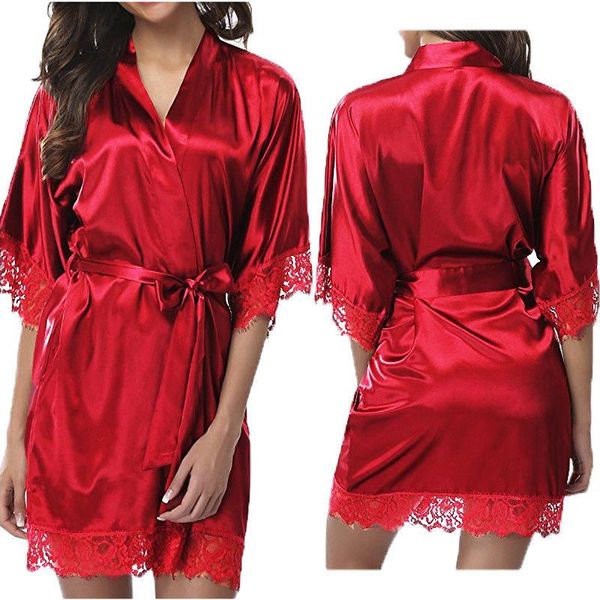 

women faux silk pyjamas plus size v neck sashe comfortable home lace robes womens clothing, Black;red