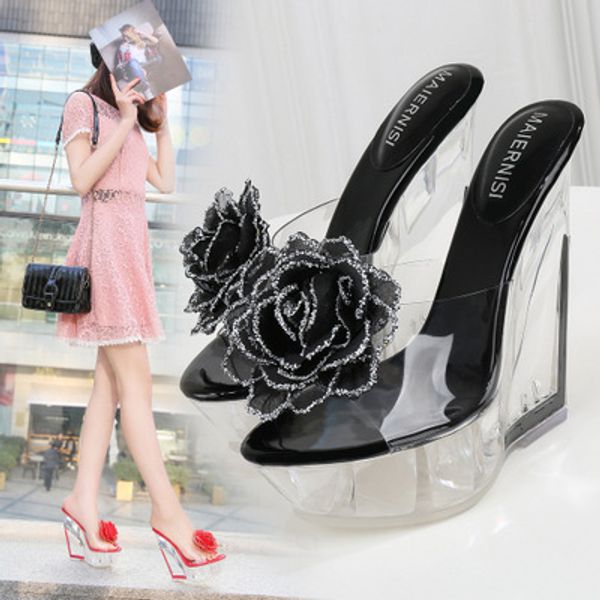 

feiyitu женщины 10cm тапочки peep носком лето пвх прозрачные туфли lady сандалии тапочки очистить слайды неглубокие высокие каблуки ес 35-44, Black
