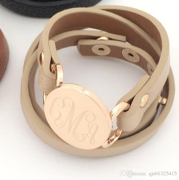 

monogram leather wrap браслет привязать с золото или серебро 7 цветов монограммой мода кожаный браслет персонализированные, Black