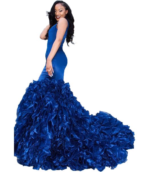 

2020 royal blue пром платья вечерние платья sexy глубокий v шеи без рукавов русалка ruffles органзы юбка формальные платья партии, Black