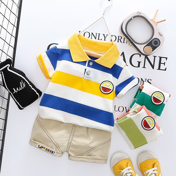 

2020 summer baby boys short sleeve striped lapel collar t-shirts + casual shorts children 2pcs suits kids clothing sets, White