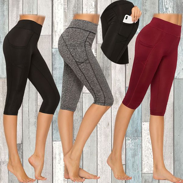 

fitness women leggings push up women high waist pocket workout leggins 2020 autumn fashion casual knee-length breathable, Black