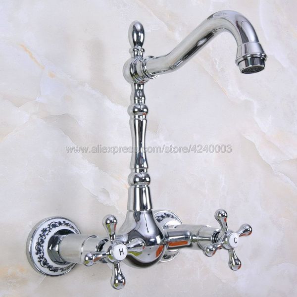 

chrome dual cross handles wall brass gold cold bathroom kitchen basin sink swivel faucet mixer tap kna966