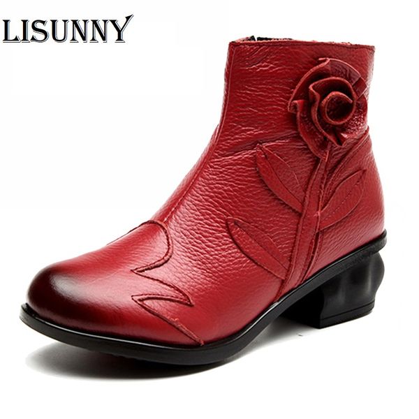 

women ankle boots vintage flower handmade genuine leather winter ankle boots for woman classics women shoes zapatos mujer, Black