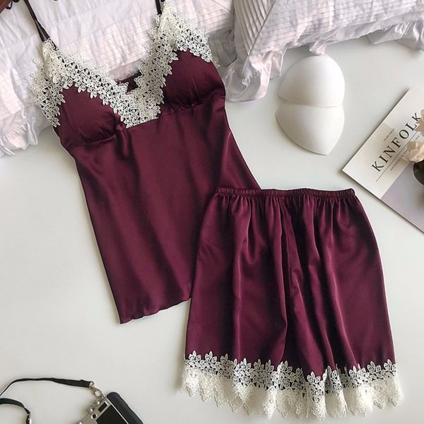 

2019 women pajamas lace lingerie nightwear underwear babydoll short sleepwear 2pc set women clothes pijama mujer algodon, Black;red