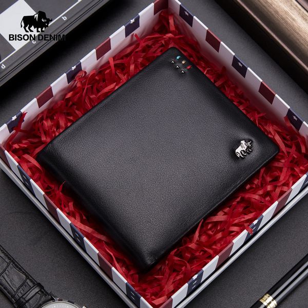 

bison denim business casual wallet men layer genuine leather purses men short wallets metal brand logo slim wallet n4411 j190718, Red;black