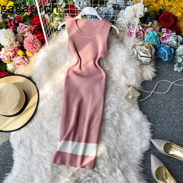 

gagarich women knit dress summer 2020 new korean fashion sleeveless slim tight solid bodycon dresses robe, Black;gray