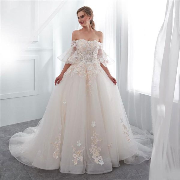 

elegant a line beaded wedding dresses with half sleeves 3d floral appliqued bridal gowns tulle sweep train robe de mariÃ©e, White