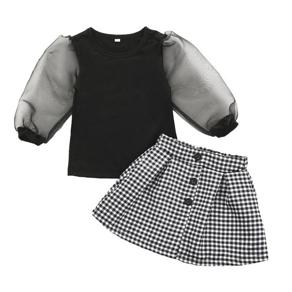 

toddler baby girls clothes sets lace puff sleeve t shirts plaid a-line mini skirts outfits 1-6y, White