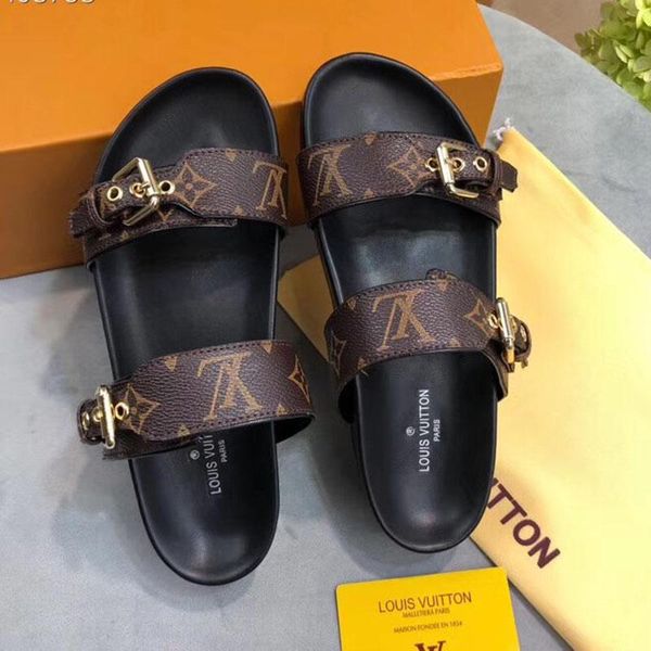 

Дизайнерская обувь Женщины BOM DIA FLAT MULE Слайд Сандал Мода леди Письмо печати Кожа Резина Подошва Трусы с 35-40 с коробкой L18