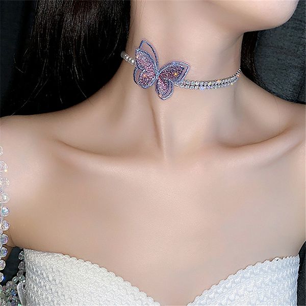 

purple butterfly choker necklace double layer rhinestone & simulated pearl short necklaces for women girls birthday gift 2020, Golden;silver