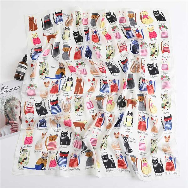 

2020 fashion silk scarf women neck wraps large square hijab scarves foulard bandana cat print shawls headband, Blue;gray