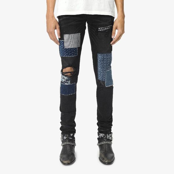 

2020 fashion high street fashion men's jeans black washed cat mustard patch amir hole slim slim pants size 28-40, Blue