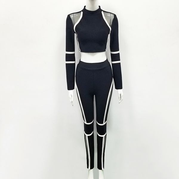 

ladies hl bandage jumpsuits long sleeve 2 pieces bodycon jumpsuits rayon celebrity fashion women's set, Black;white