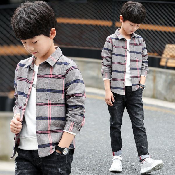 

spring and autumn boys 2019 shirts long sleeve plaid casual fashion for big boy jacket, Blue;gray