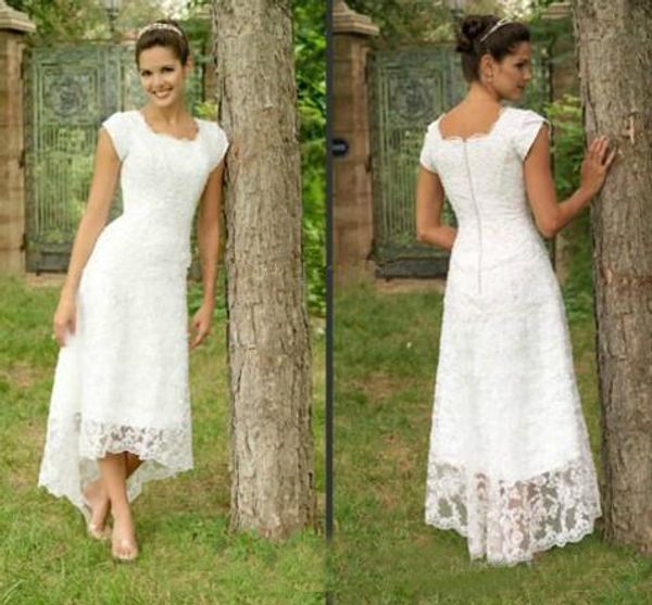 

полное кружево высокий низкий свадебные платья сексуальная площадь шеи кружева аппликации cap рукавом привет lo страна свадебные платья свад, White