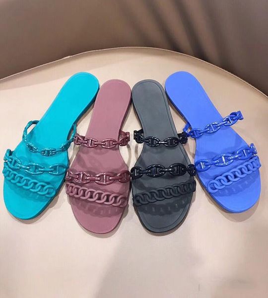 

new woman designer woman shoes chain design slippers sandals pvc jelly slides chaine d'ancre beach flip flops, Black