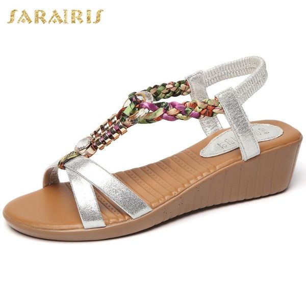

sarairis 2020 new design elastic band summer sandals woman shoes wedge heels metal decoration casual dropship sandals female, Black