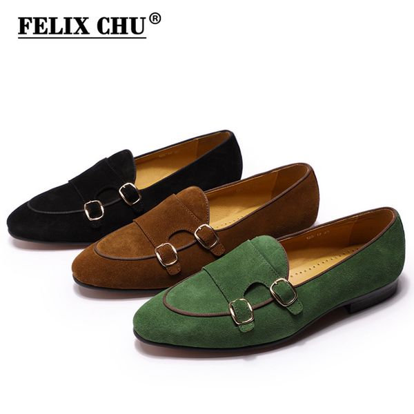 

felix chu mens suede loafers gentlemen wedding party casual slip on shoes black brown green monk strap men dress shoes leather y200420