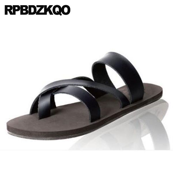 

slip on leather toe loop strap slides casual roman black flat japanese slippers shoes men gladiator sandals summer