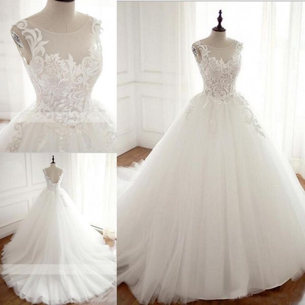 

Real Lace Wedding Dresses Ball Gown Boat Neck Sexy Back With Lace Up Custom Made Elegant Bridal Gowns