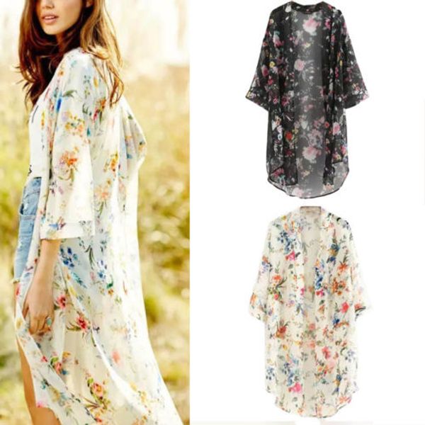 

летние женщины старинные цветочные свободные шаль кимоно кардиган boho шифон топы куртка блузка рубашки, White