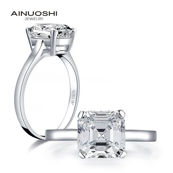 

ainuoshi 925 sterling silver 3.0 ct asscher cut solitaire ring engagement simulated diamond women wedding silver rings jewelry, Golden;silver