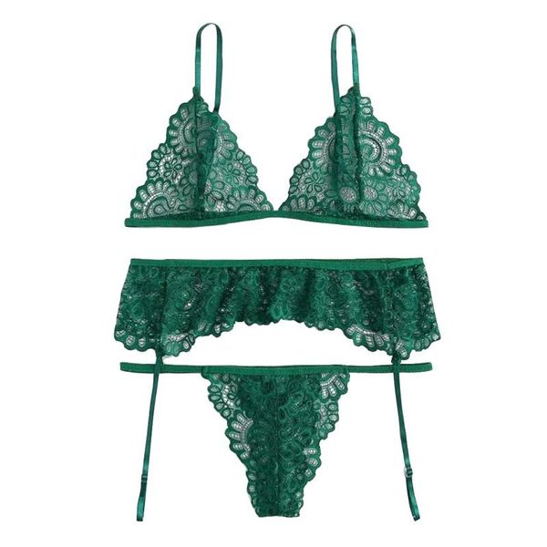 

lace pajamas lingerie ladies floral seamless lace nightwear fashion new ladies underwear wireless bra thong with garter #w, Black;red