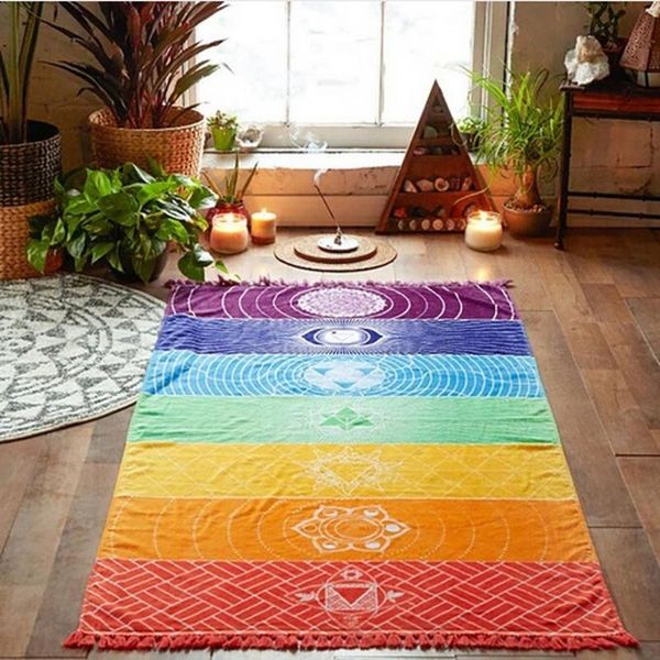 

wholesale- rainbow stripes scarf bohemia wall hanging india mandala blanket 7 chakra colored tapestry summer boho beach towel yoga mat, Blue;gray