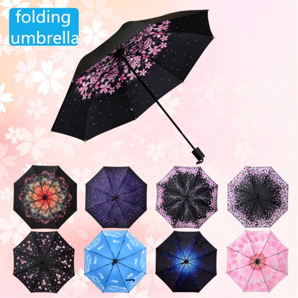 

women flowers print black coating parasol folding umbrella girls anti-uv rain umbrella protection sun rain gear ys141
