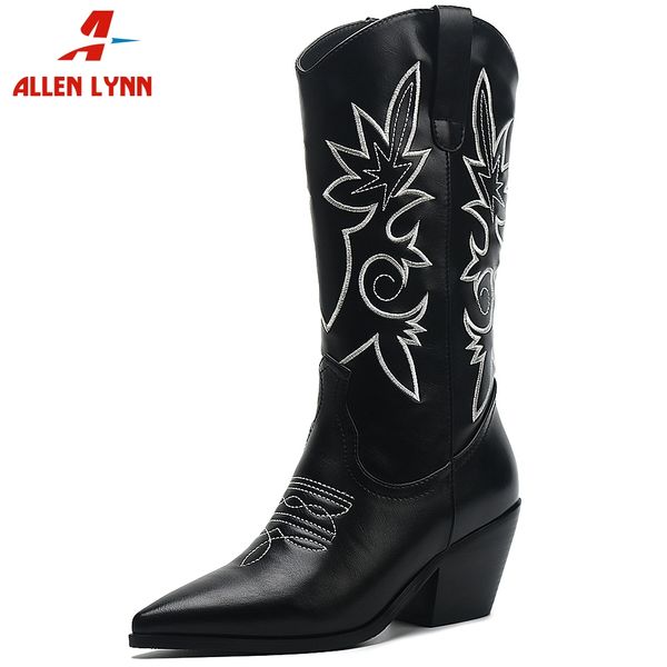 

allenlynn new ins ladies high chunky heels shoes woman brand fashion sewing pointed toe mid calf boots boots women, Black