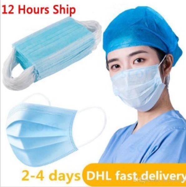 

50pcs disposable face masks 3-layers non-woven mouth non woven anti-dust anti-bacterial earloops breathing safety masks ship dhl 2-days