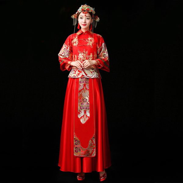 

невеста cheongsam винтаж китайский стиль свадебное платье тост одежда леди вышивка феникс платье брак qipao красная одежда, Red