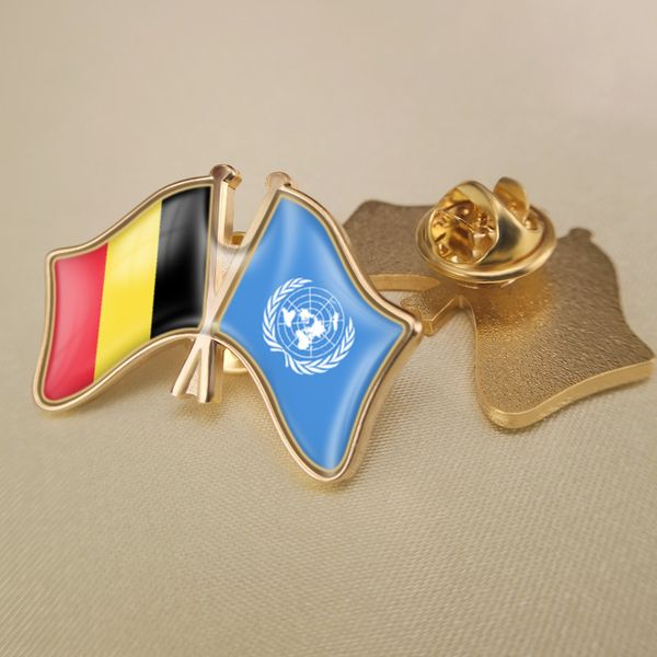 

united nations and belgium crossed double friendship flags lapel pins, Gray