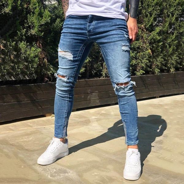 

fashion denim jeans men stretch hole trouser distressed ripped jeans long pencil pants streetwear kot pantolon erkekler#g2, Blue