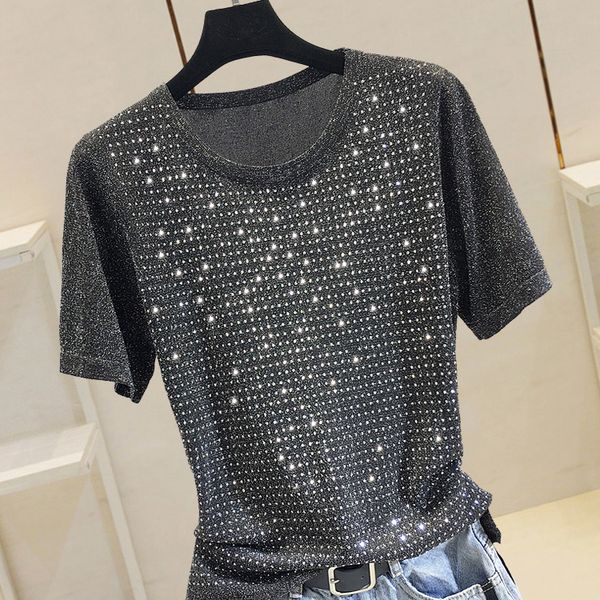

brightwire iron drilling t-shirt female short sleeves new fork tshirts woman bright diamond loose ice knitwear female summer top, White