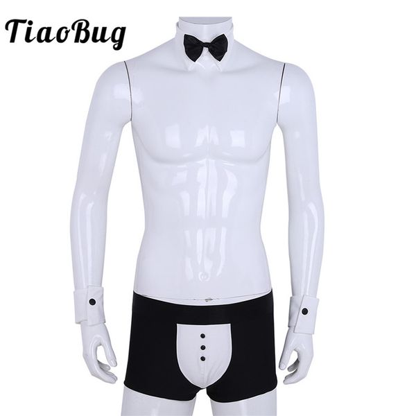

tiaobug 3pcs men butler waiter tuxedo lingerie suit boxer underwear underpants with bow tie collar and bracelets erotic set, Black;white