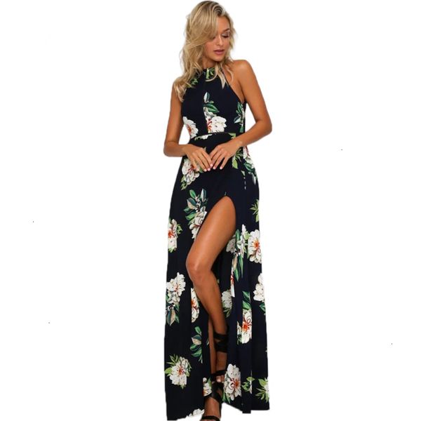 

woman clothing summer dress new floral print halter chiffon women backless summer maxi dresses colors femme split beach dress, Black;gray