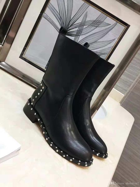 

new european and america designer lady rivet knight boots individual lady kraft flat bottom boots original box, Black