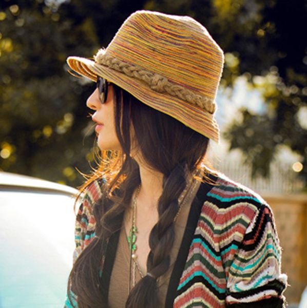 

new vintage style handmade straw hat colorful vacation sun hats beach twist detailing summer panama sun beach hat women, Black;white