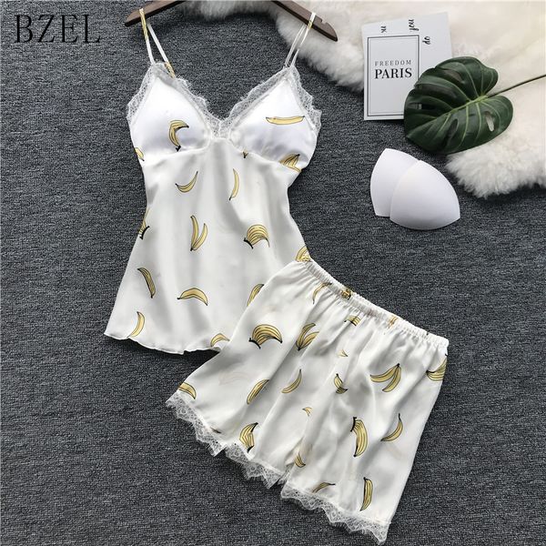 

bzel sleep lounge pajama set satin sleepwear women summer pyjama femme cartoon banana pijamas for women with chest pad 2pcs, Blue;gray