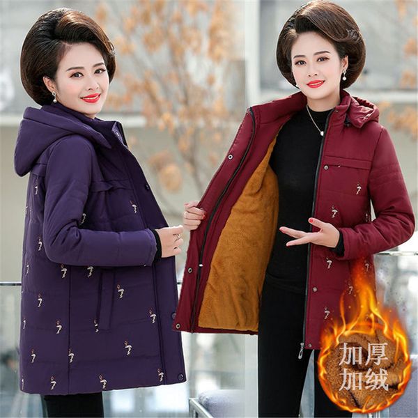 

women's cotton coat winter jackets mid-long hooded printed jacket thick warm parkas overcoat plus size 5xl mother dress 2019, Black