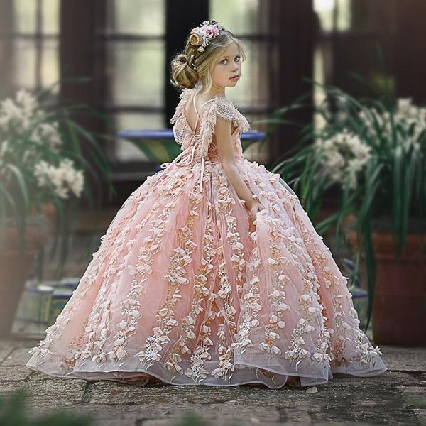 Bonito laço rosa flor meninas vestidos jóia pescoço frisado 3d floral appliqued criança pageant vestido espartilho volta crianças vestidos de baile276i