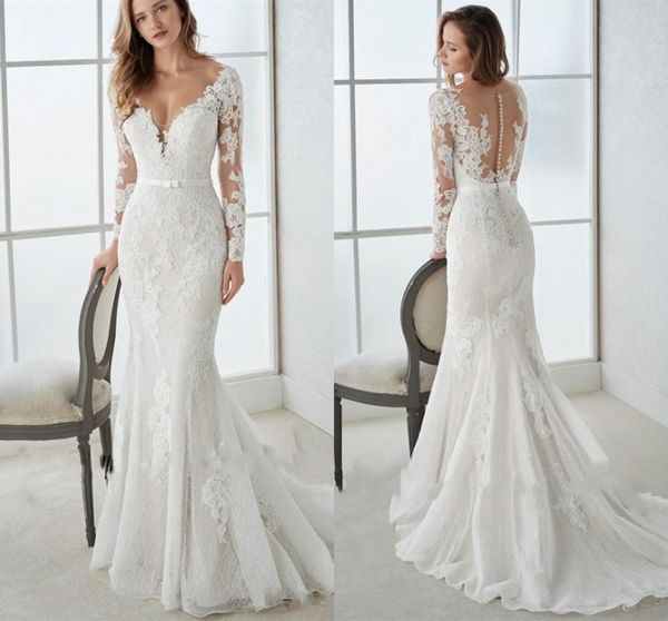 

элегантный кружева с длинным рукавом русалка свадебные платья крытые кнопки назад тюль свадебное платье платье-де-novia, White